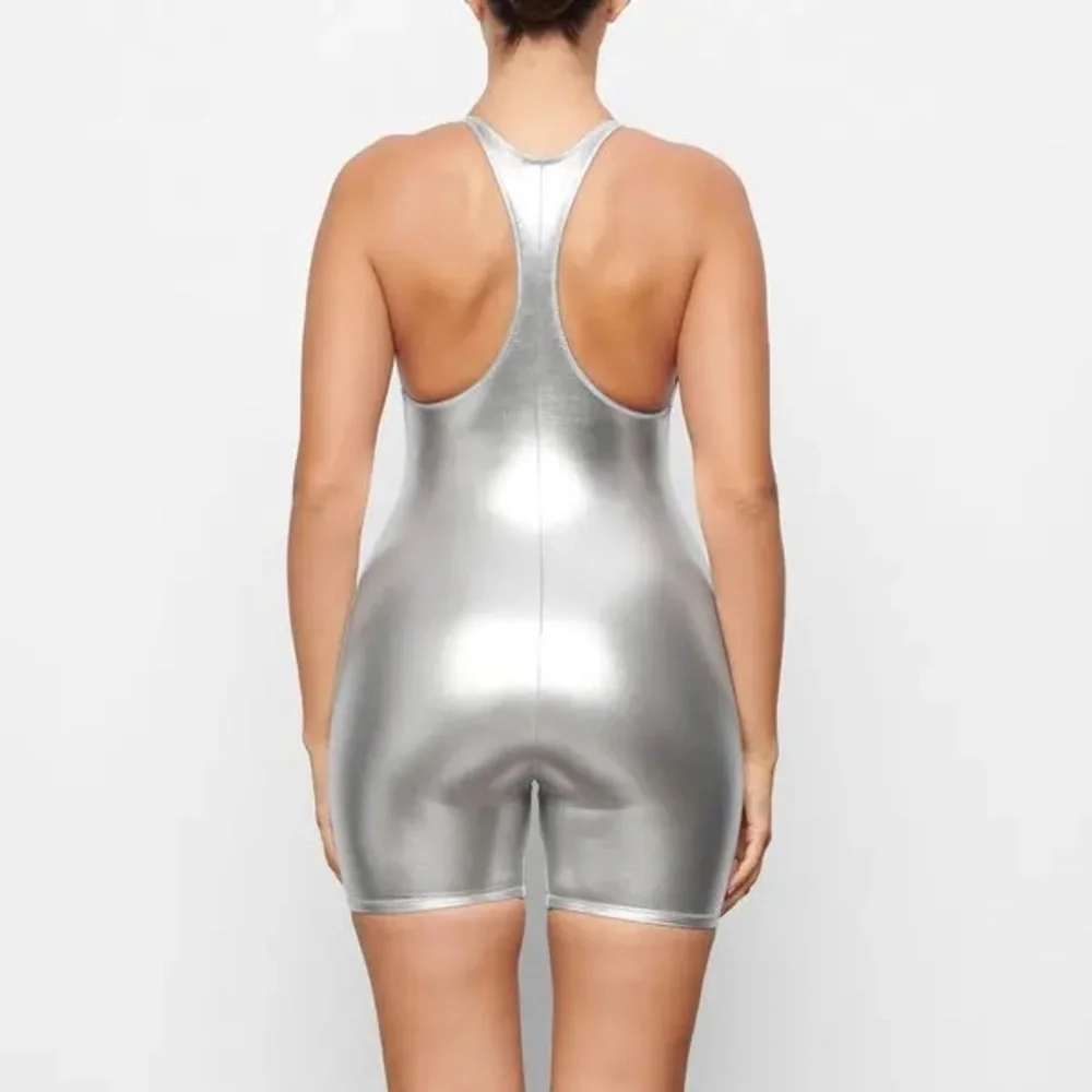 SKIMS Metallic nickel cycle Bodysuit size medium